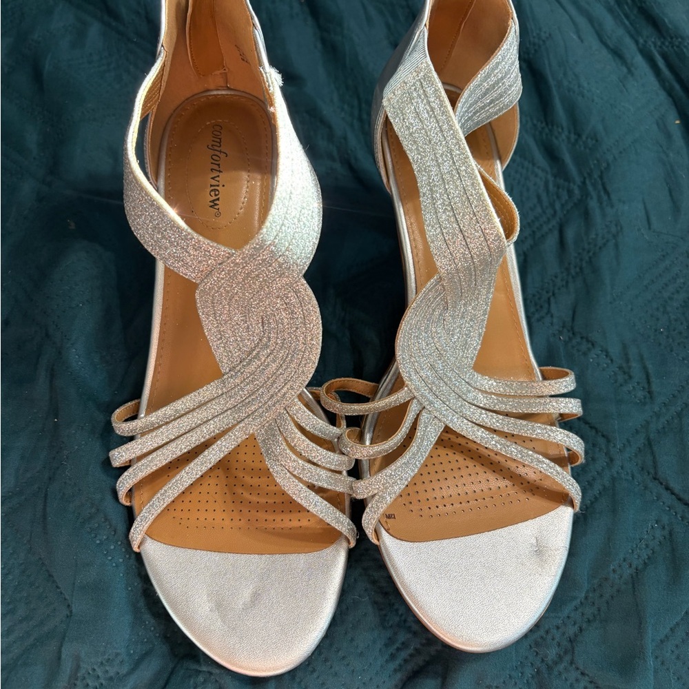 comfortview Silver Glitter Multi-Strap Heeled Sandals 12W
